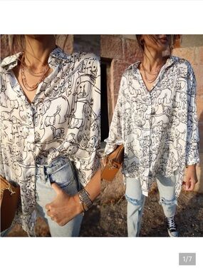 ZARA Elephant Print Button-Down Satin Shirt Oversized Tunic Size S